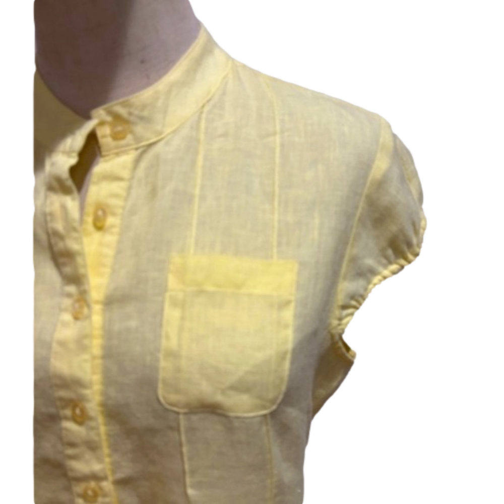 90s ALEXANDRA BARTLETT LINEN PASTEL YELLOW BOHO PUFFED SHORT SLEEVED BLOUSE SZ M - Picture 6 of 9